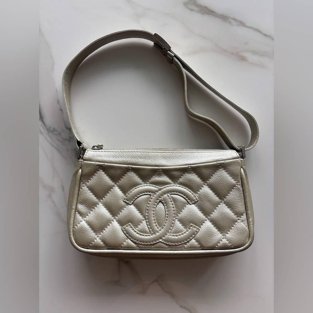 Chanel Timeless Caviar White Pearl Quilted Leather Pochette Shoulder Bag